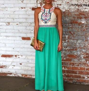 Chiffon Sleeveless Maxi Round neck Patchwork High waist Maxi Dresses