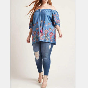 Casual Short sleeve Print Off shoulder Plus size Tops