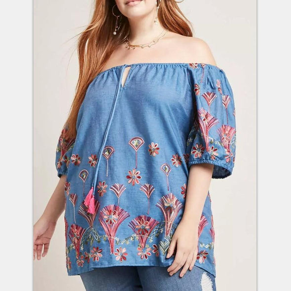 Casual Short sleeve Print Off shoulder Plus size Tops