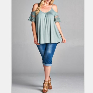 Casual Short sleeve Solid Color Cold shoulder Pachwork Plus size Tops