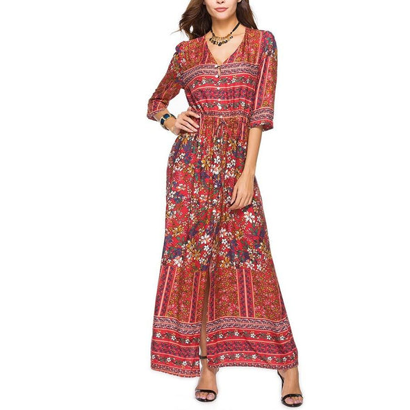 Bohemia 3/4 Sleeve Print Midi V Neck Split High Waist Vacation Dresses