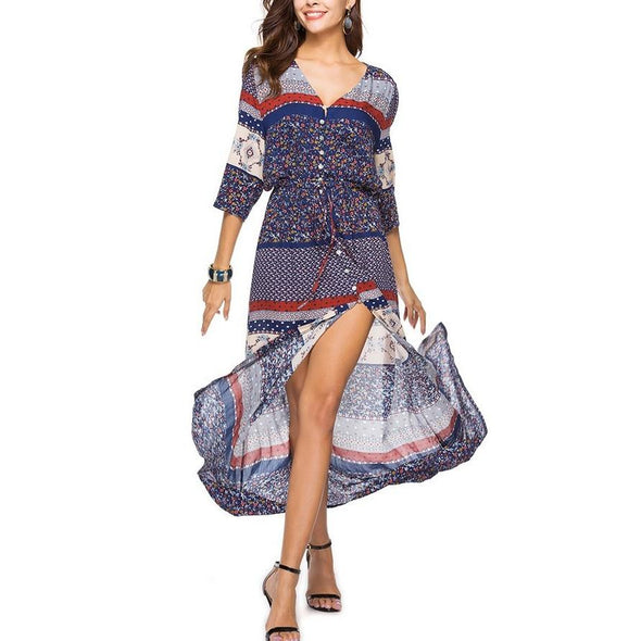 Bohemia 3/4 Sleeve Print Midi V Neck Split High Waist Vacation Dresses