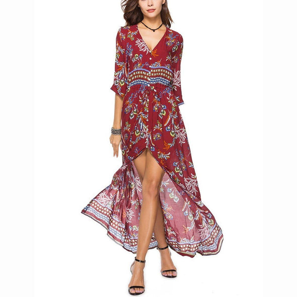 Bohemia 3/4 Sleeve Print Midi V Neck Split High Waist Vacation Dresses