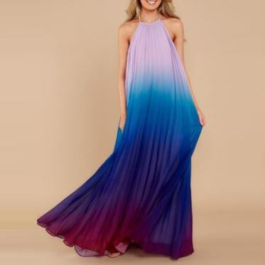 Chiffon Sleeveless Hit Color Round Neck High Waist EveningMaxi Dresses