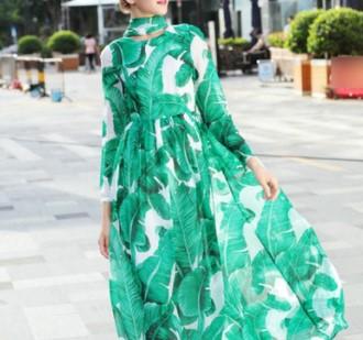 Bohemia 3/4 sleeve Print Maxi Round neck High waist Vacation Dresses