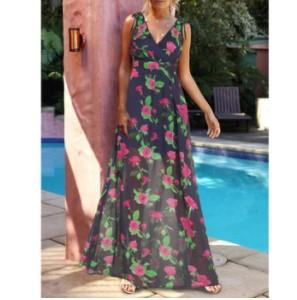 Bohemia Sleeveless Print Maxi V neck High waist Vacation Dresses