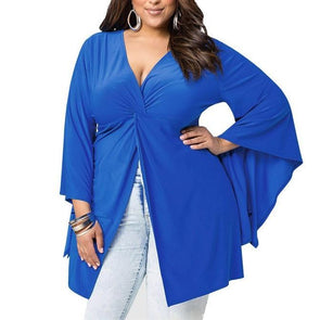 Casual Long sleeve Bell-sleeve Solid Color Plus size Tops