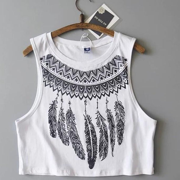 Cotton Feather Print Mini Round neck Vests