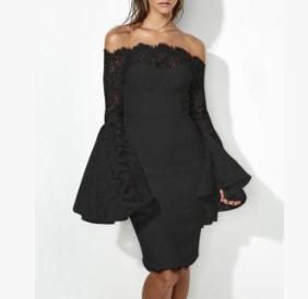 Bell Sleeve Solid Color Knee length Off Shoulder High Waist Lace Dress