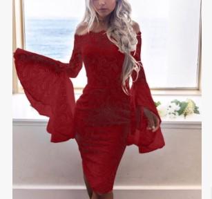 Bell Sleeve Solid Color Knee length Off Shoulder High Waist Lace Dress