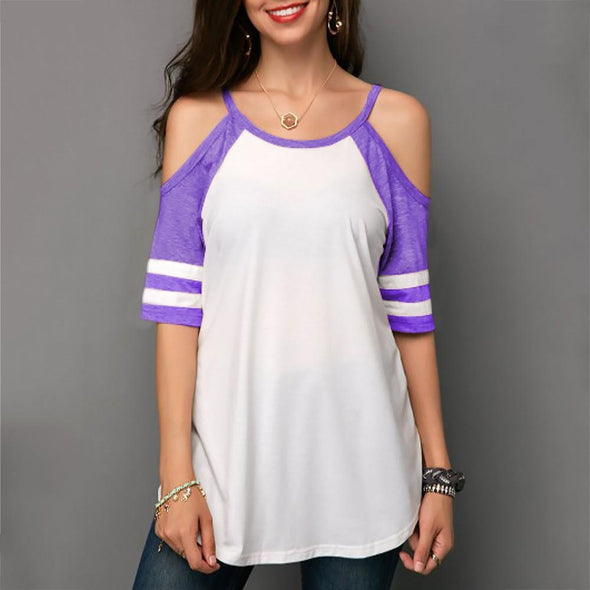 Cotton Short sleeve Cold Shoulder Patchwork T-shirt