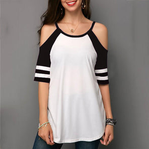 Cotton Short sleeve Cold Shoulder Patchwork T-shirt