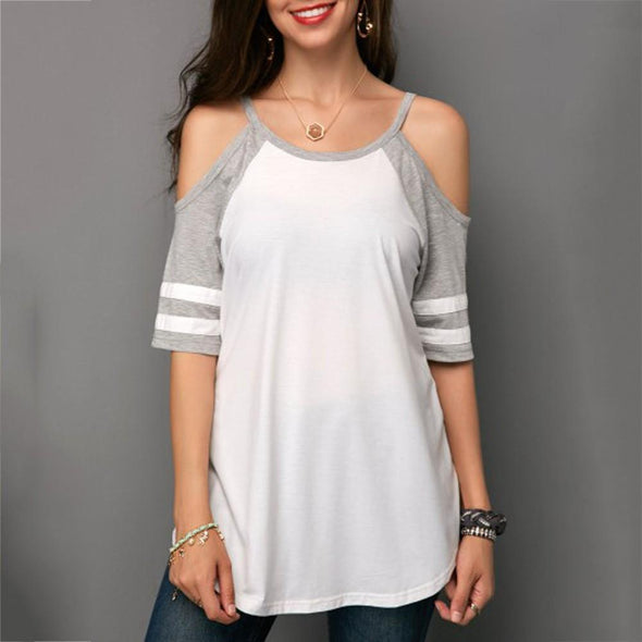 Cotton Short sleeve Cold Shoulder Patchwork T-shirt