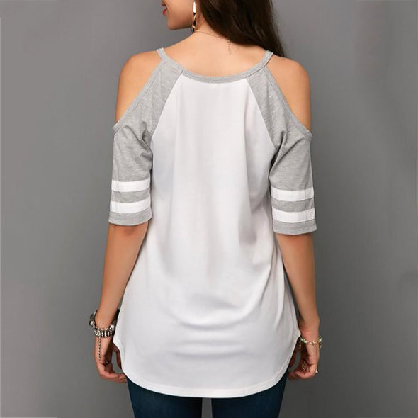 Cotton Short sleeve Cold Shoulder Patchwork T-shirt