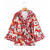 3/4 sleeve Bell sleeve Print V neck Bandage Cardigan Blouses