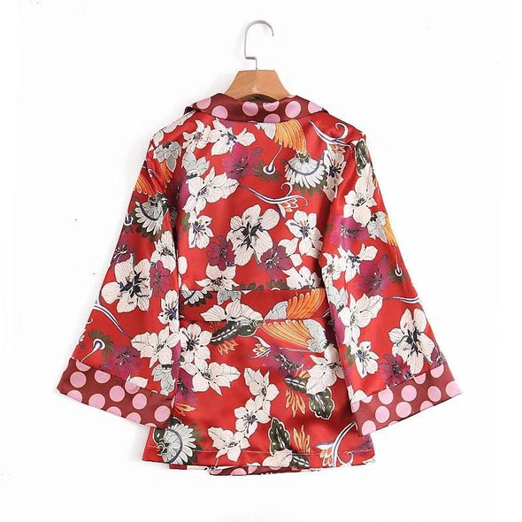 3/4 sleeve Bell sleeve Print V neck Bandage Cardigan Blouses