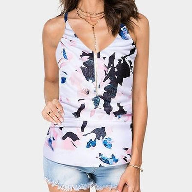 Casual Print V neck Sleeveless Tops