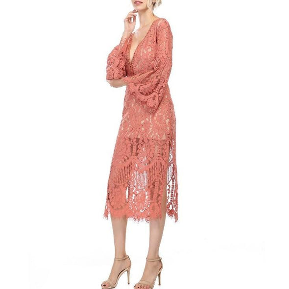 Bell sleeve Solid Color Maxi V neck Split High waist Lace Dresses