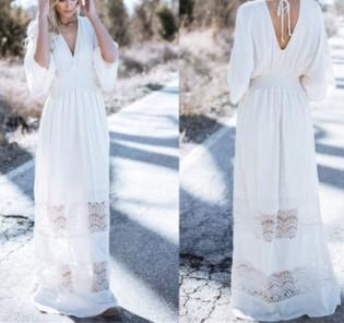 3/4 Sleeve V Neck Elastic Waist Lace Maxi Dresses