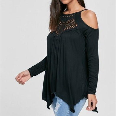 Cotton Cold Shoulder Openwork Long Sleeve Tops