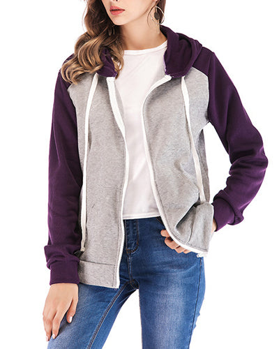 Loose Hooded Colorblock Long Sleeve Zip Sweater