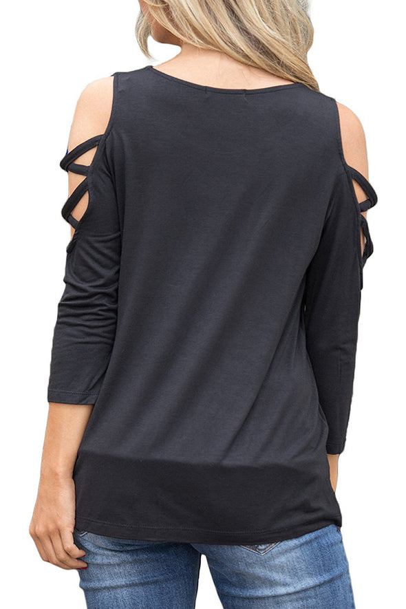 Round neck Hollow Seven-Point Sleeve T-Shirt