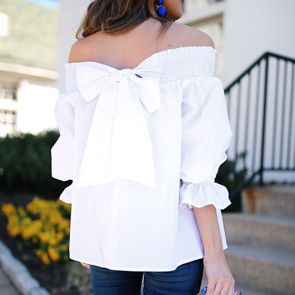 Open Shoulder Bowknot  Three-Quarter Sleeve Blouses