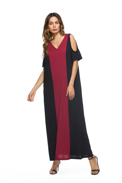 Fashion Color Stitching V-Neck Off Shoulder Maxi Dress