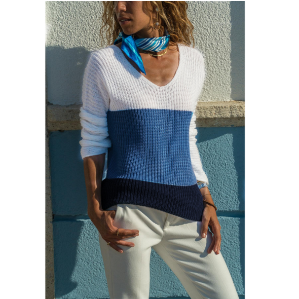 V Neck Long Sleeve Fashion Loose Color Block Knitting Sweaters