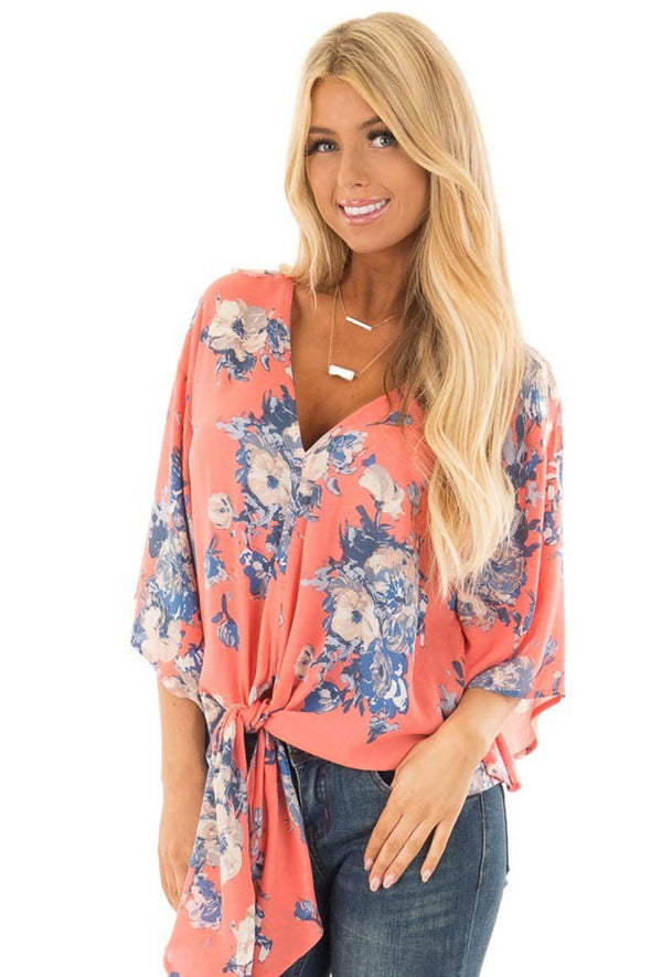 Women's V-neck knotted trumpet sleeve printed chiffon shirt