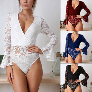 Sexy Long Sleeved V-neck Lace Jumpsuit