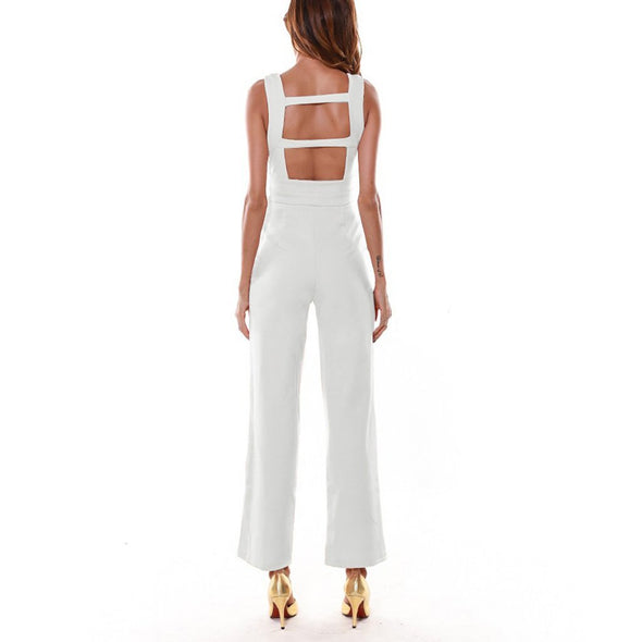 Sexy Deep V Collar Solid Color Sleeveless Jumpsuit With Pockets