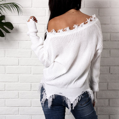 Fringed V-Neck Irregular Sweater