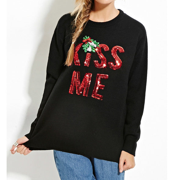 Women's Sequined Letter O-Neck Long-Sleeved Sweater