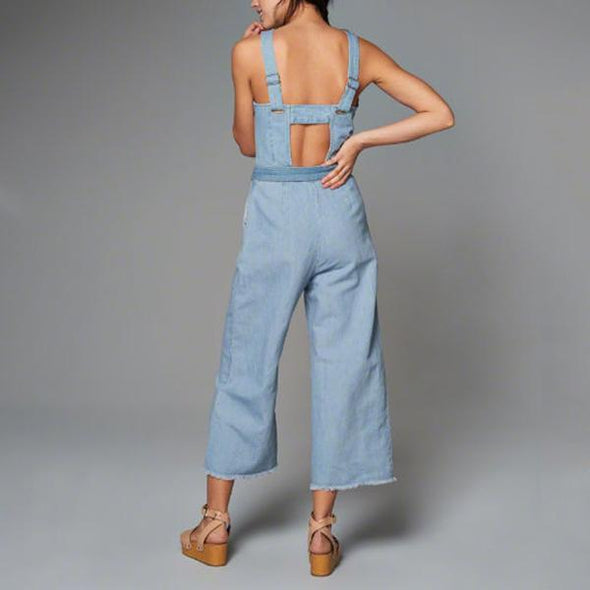 Sexy Denim Round Neck Tie Bow Backless Waist Jumpsuit