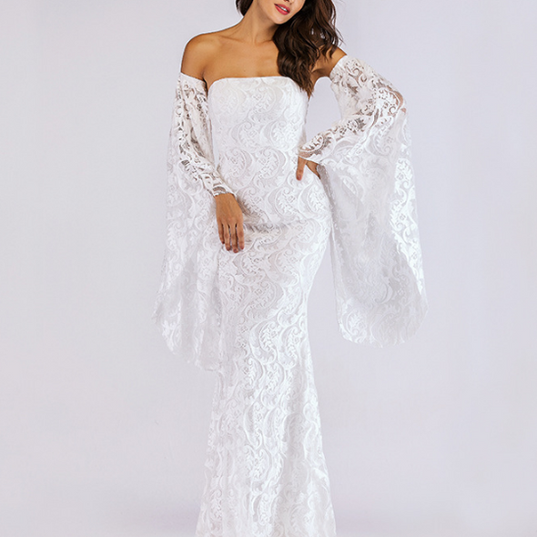 Lace Bell Sleeves Off Shoulder Evening Dress