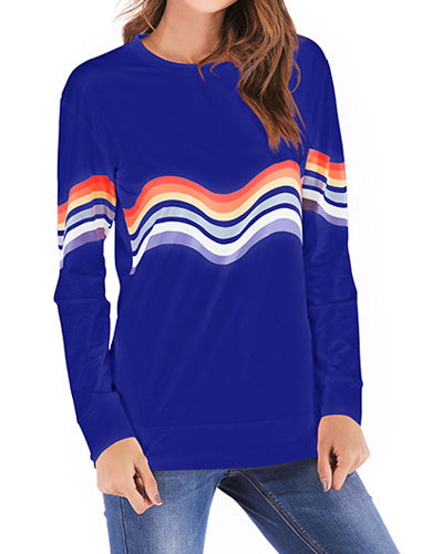 Colorful Striped Long Sleeve Round Neck T-Shirt