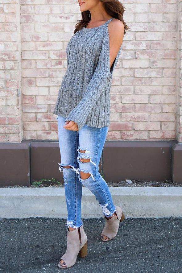 Open Shoulder  Cutout  Plain Sweaters