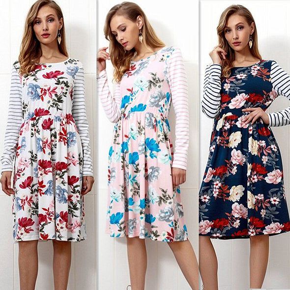 New Printed Long Sleeve Stitching Casual Dress