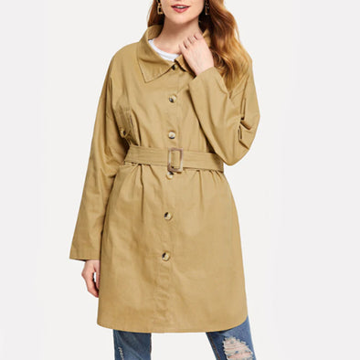 Fashion Button Long Sleeves Free Belt Windbreaker Coat