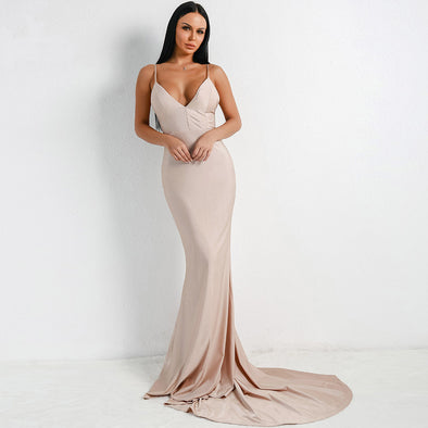 High Quality Sexy V-neck Sling Backless Elegant Evening Dress