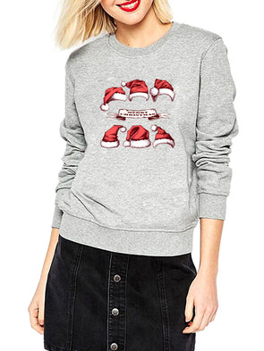 Christmas Hat Printed Long-Sleeved O-Neck Sweater