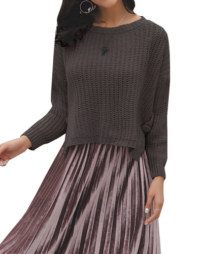 Solid Color Round Neck Slit Button Short Sweater