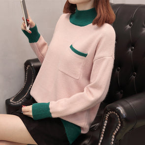 High Collar Colorblock Long Sleeve Sweater