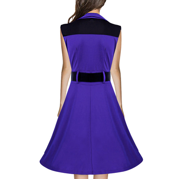 Fashion Square Collar Contrast Sleeveless Belt Dress