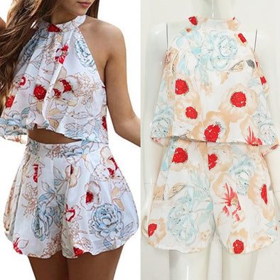 Fashion Printed Hanging Neck Two-Piece Suit