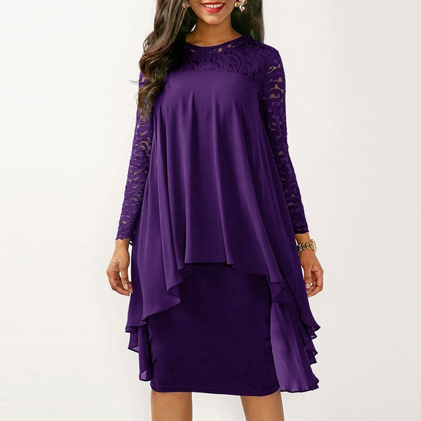 Lace Chiffon Stitching Irregular Long Sleeve Dress