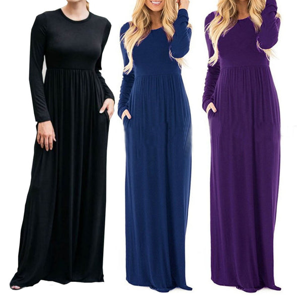 Long Sleeved Solid Color Evening Dress