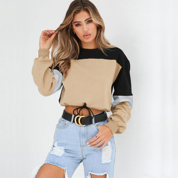 Fashion O-Neck Color Stitching Bandage Cotton Sweatshirt