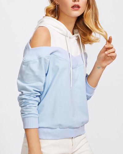 New Colorblock Hooded Off-The-Shoulder Loose Sweater